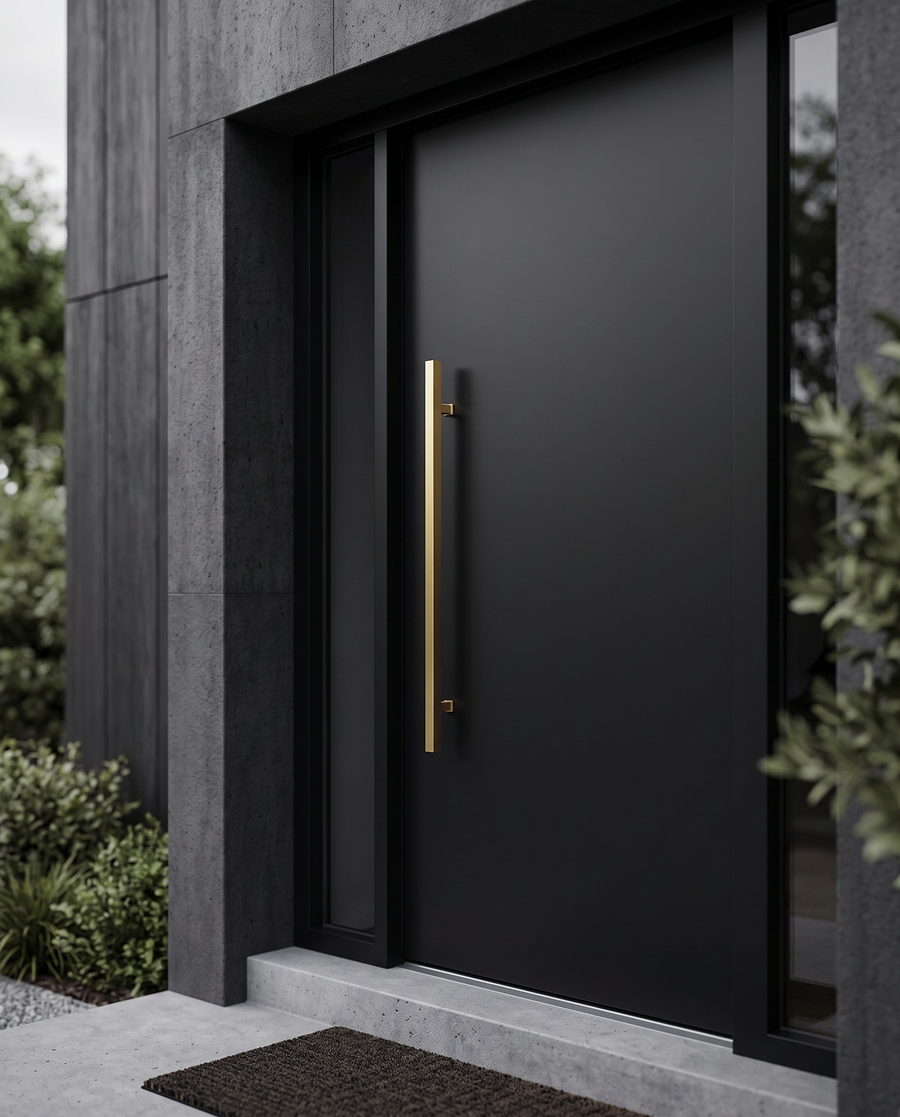 Square T-Bar Pull Handle 25mm — Brass (Pair) installed on an entrance door