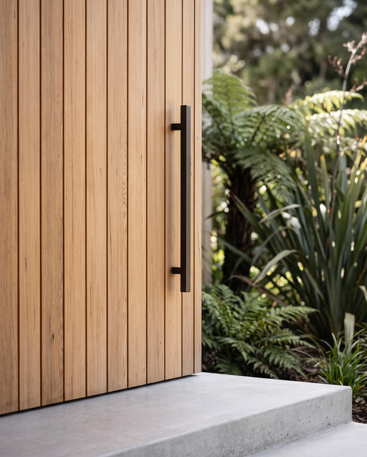 Square T-Bar Pull Handle 25mm — Bronze (Pair) installed on an entrance door