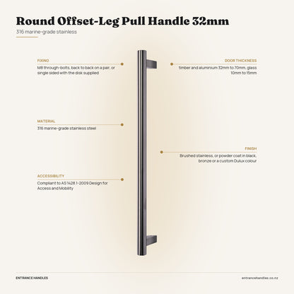 Round Offset-Leg Pull Handle 32mm - Stainless, specification diagram with the measurements printed on the product's own page