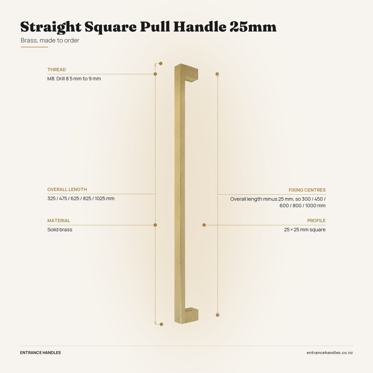 Straight Square Pull Handle 25mm - Brass, specification diagram with the measurements printed on the product's own page
