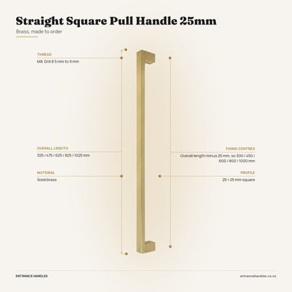 Straight Square Pull Handle 25mm - Brass, specification diagram with the measurements printed on the product's own page