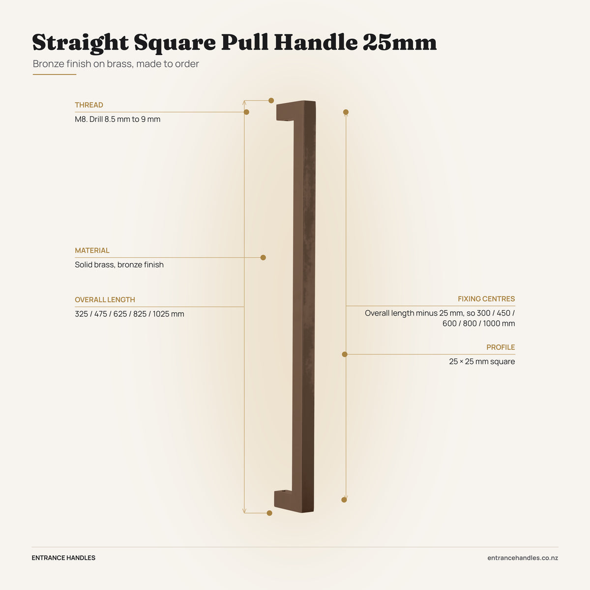 Straight Square Pull Handle 25mm - Bronze, specification diagram with the measurements printed on the product's own page