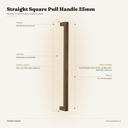 Straight Square Pull Handle 25mm - Bronze, specification diagram with the measurements printed on the product's own page