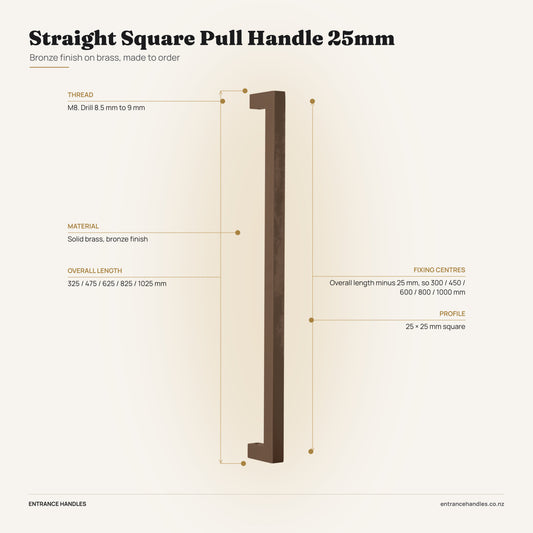 Straight Square Pull Handle 25mm - Bronze, specification diagram with the measurements printed on the product's own page