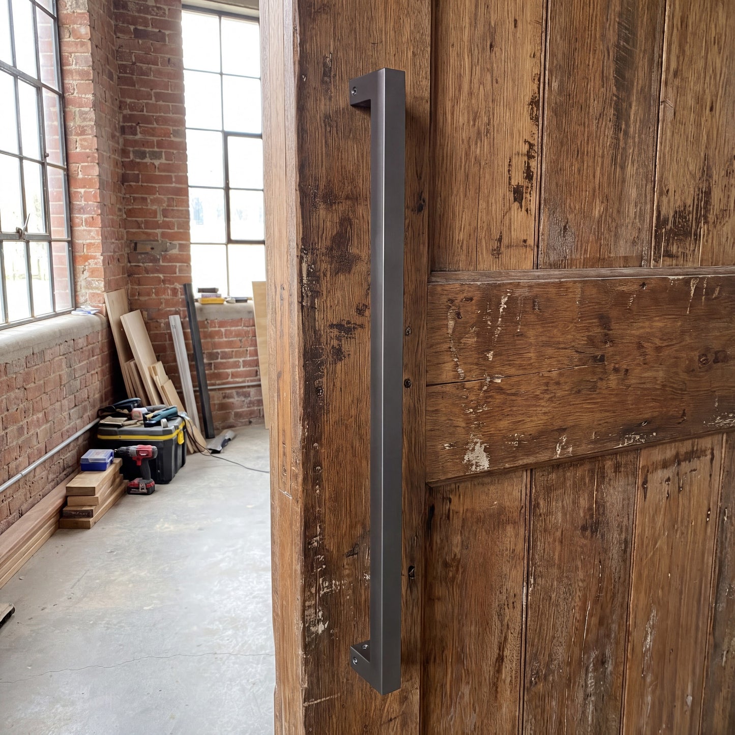 Straight Square pull handle in 316 stainless on an entrance door