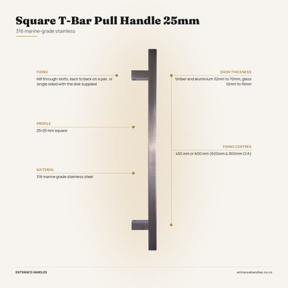 Square T-Bar Pull Handle 25mm - Stainless, specification diagram with the measurements printed on the product's own page
